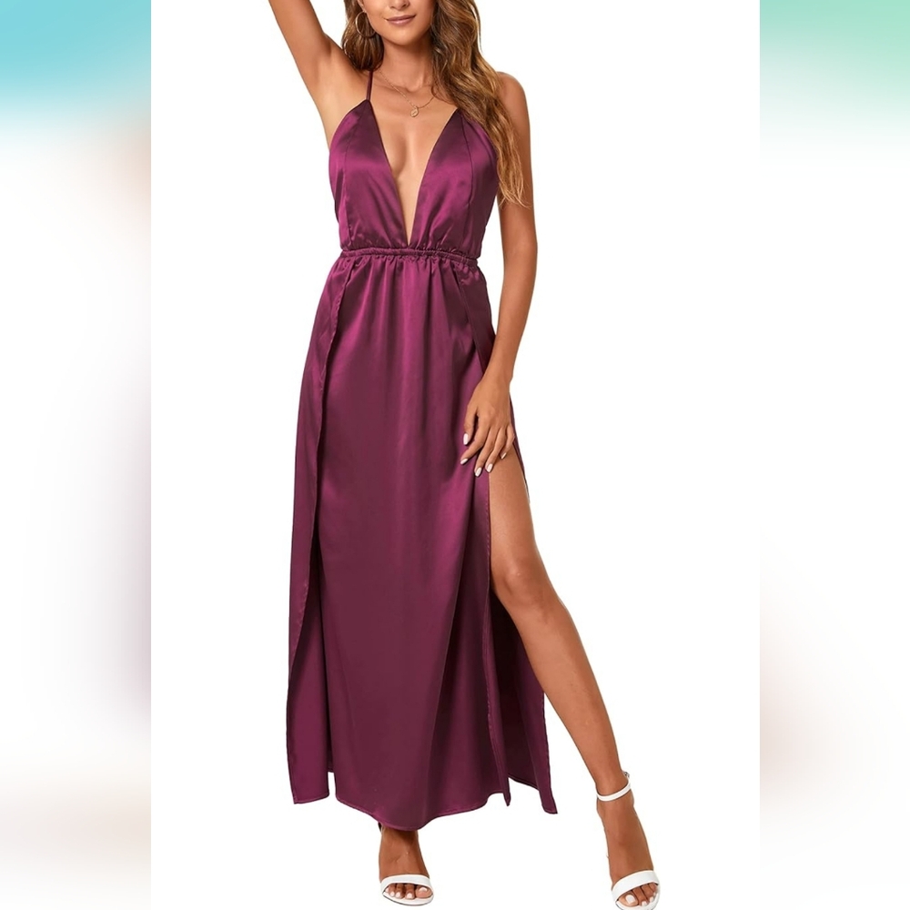 Satin Deep V-neck Backless High Slit Maxi Dress